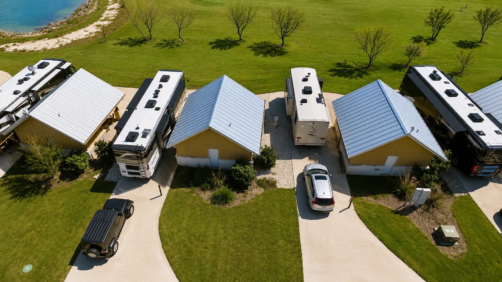 Aerial view of the resort showing Casita sites, RV sites, and amenities