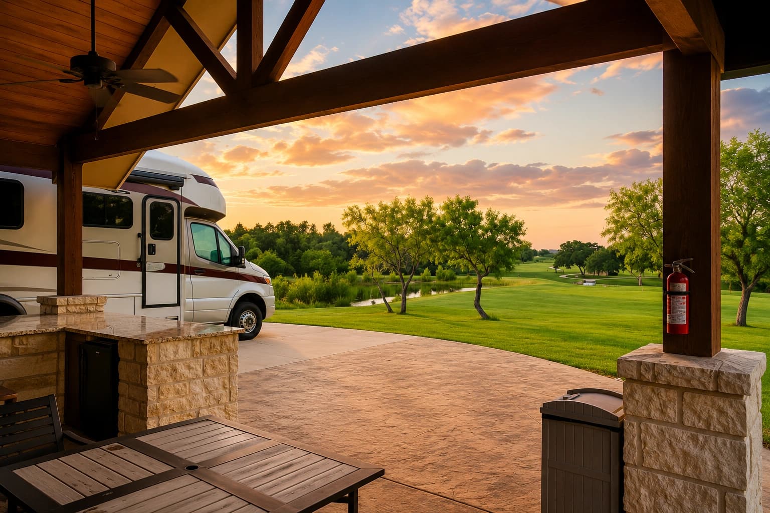 Golden-hour view from a covered casita pavilion, a motorhome parked beside the adjacent golf fairway